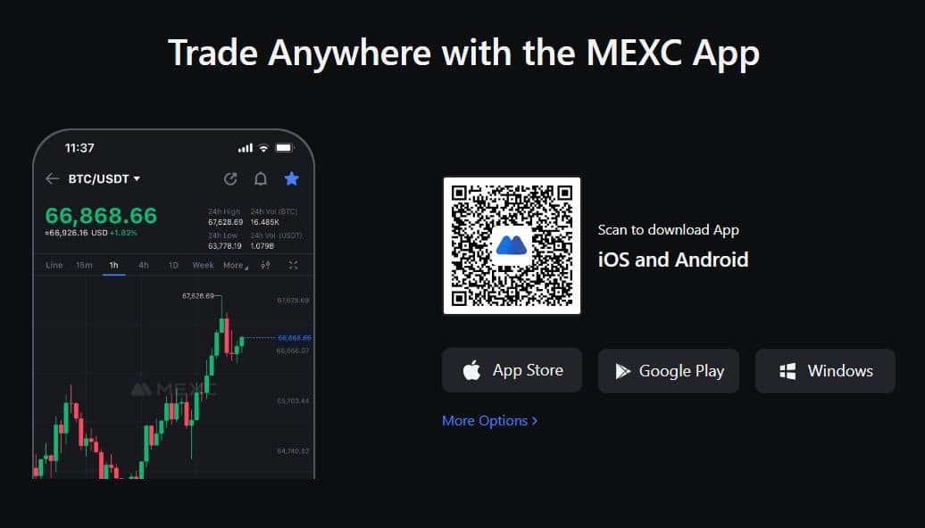 MEXC bitcoin aplikace