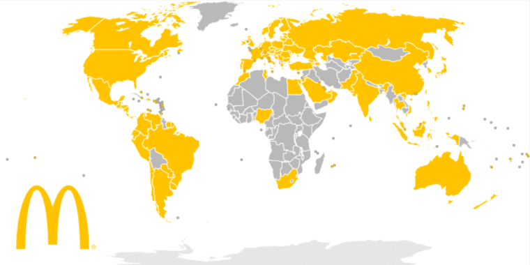 Mapa států, kde působí společnost McDonald’s