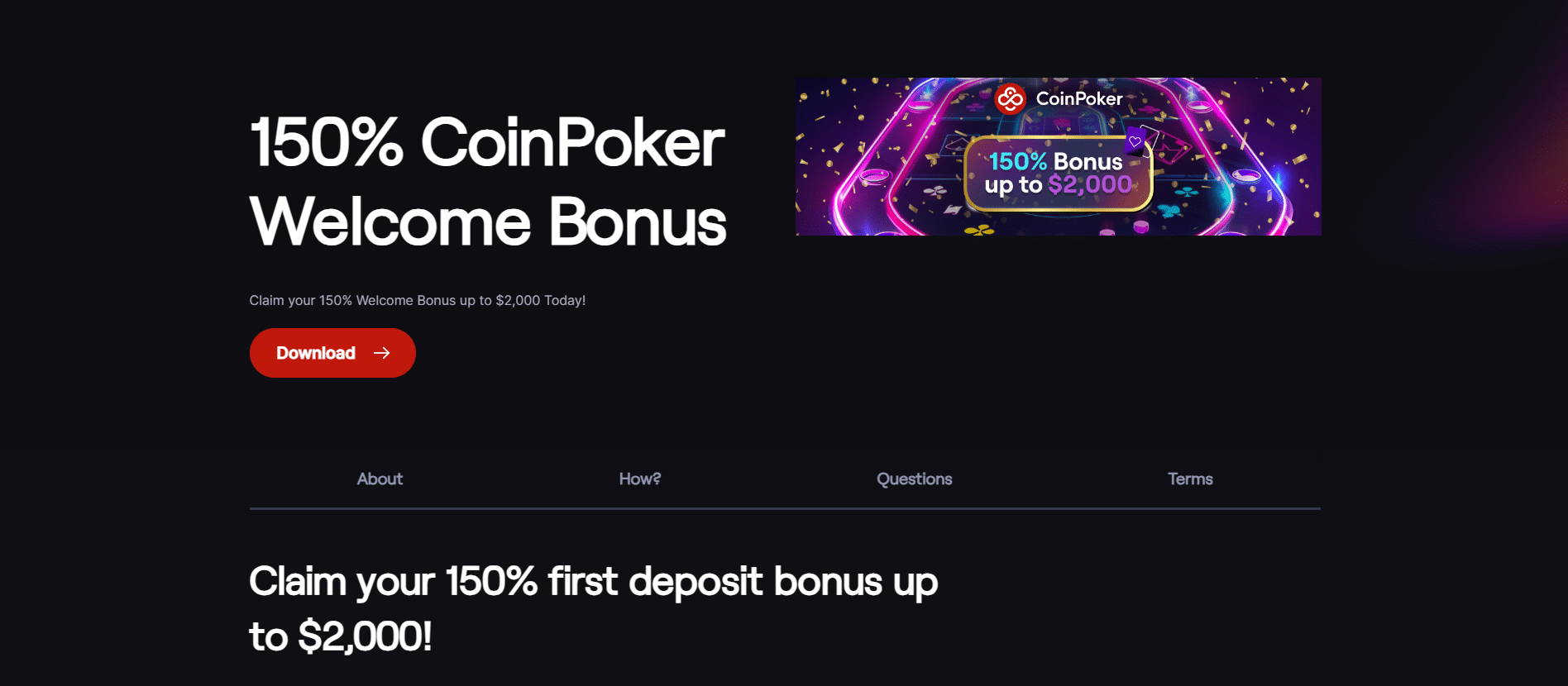 CoinPoker - 150% vkladový bonus do výše až 2 000 USDT