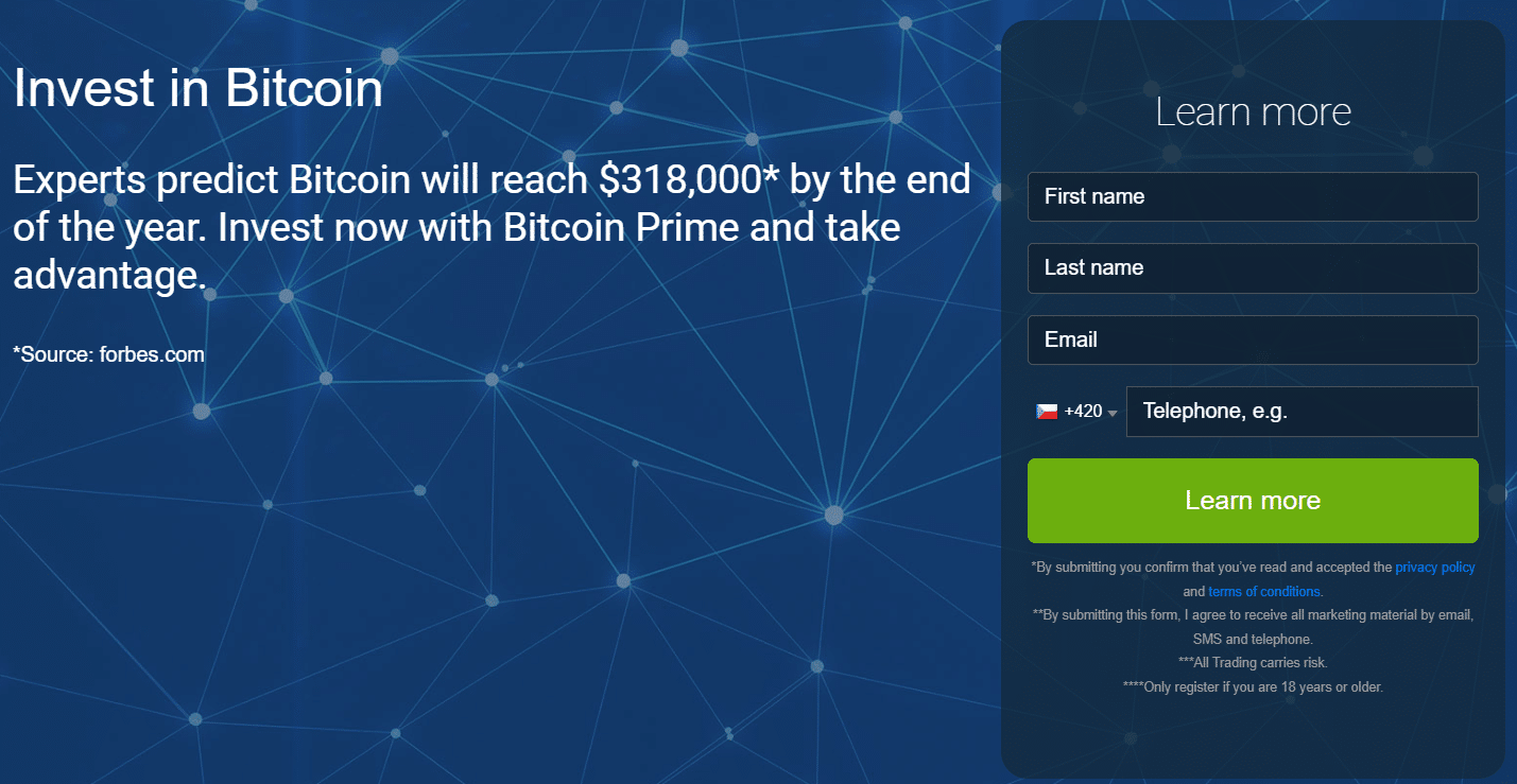 Registrační formulář Bitcoin Prime