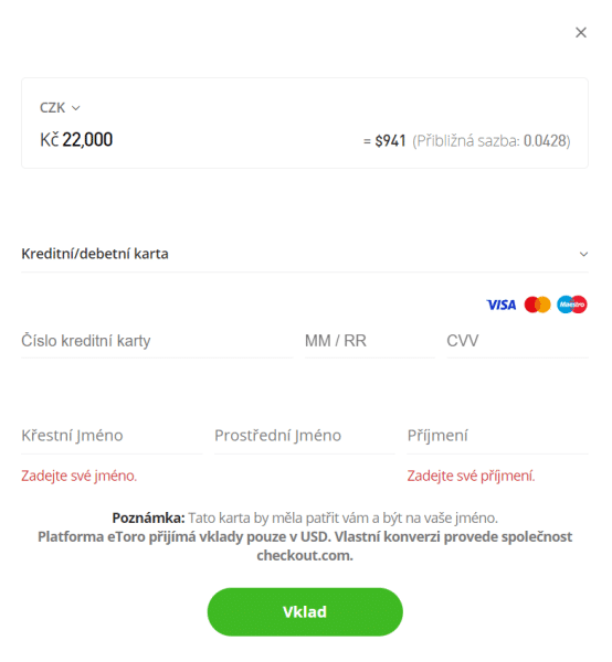 Vklad na účet u eToro