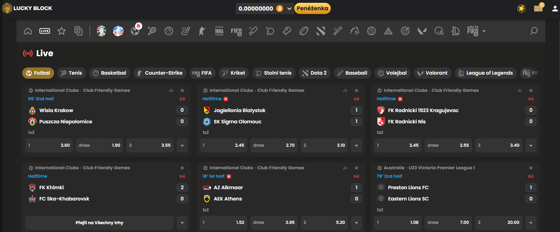 Live sázky na platformě Lucky Block