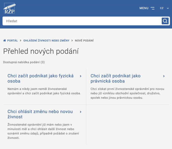 Nové podání na živnostenském portálu podnikání