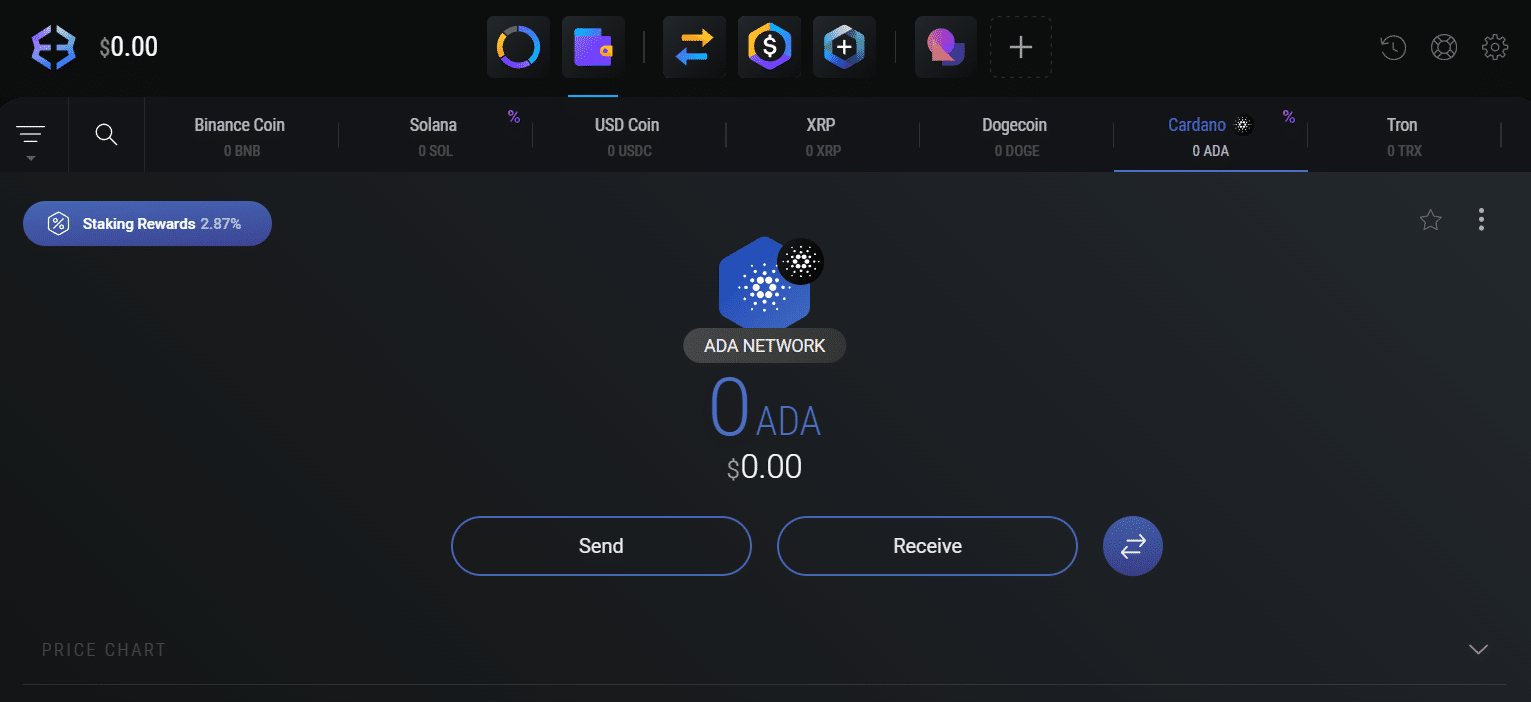 peněženka exodus - kryptoměna cardano a staking