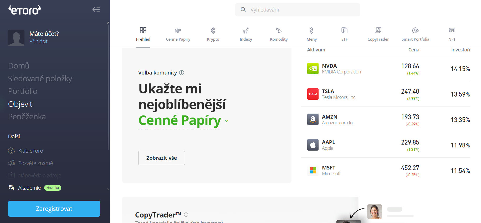 Ukázka obchodní platformy eToro