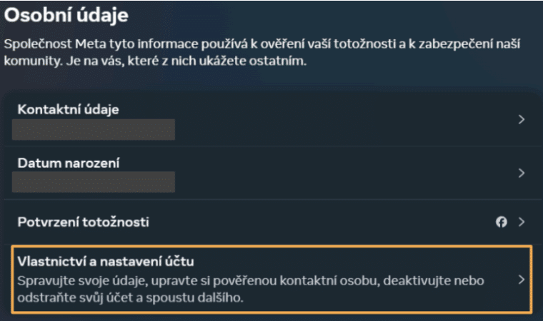 Vlastnictví a nastavení účtu Facebooku