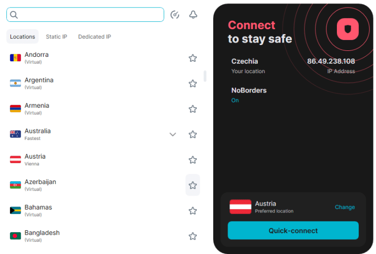 Výběr serveru ve VPN