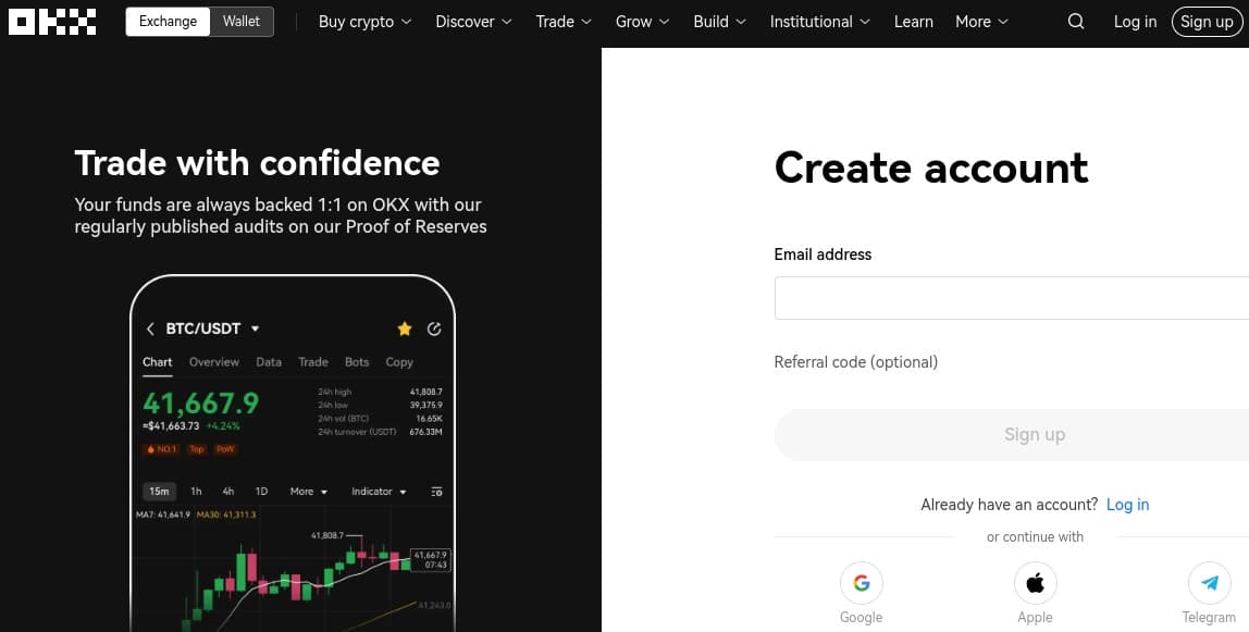 Åbn en konto hos OKx - billede fra platform