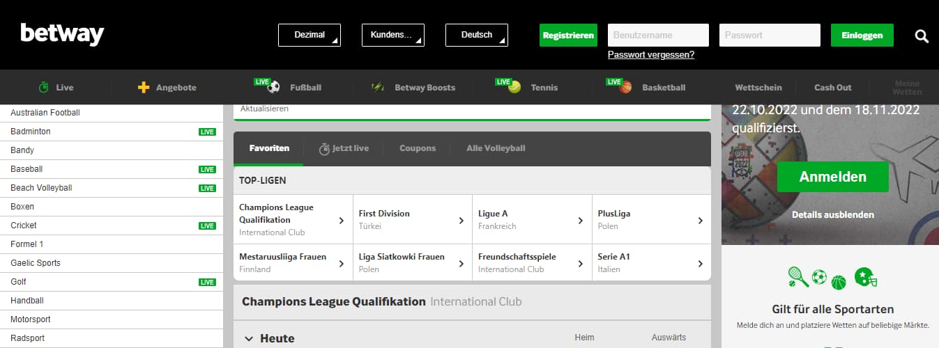 Betway volleyball Wetten