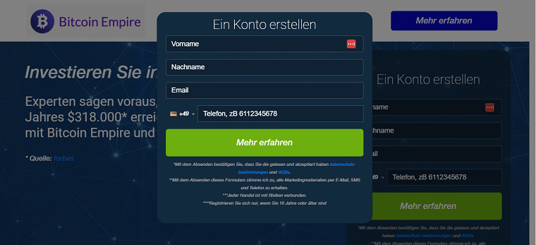 Bitcoin Empire Kontoerstellung