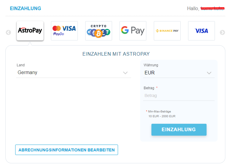 Zahlungsanbieter „Astropay auswählen“