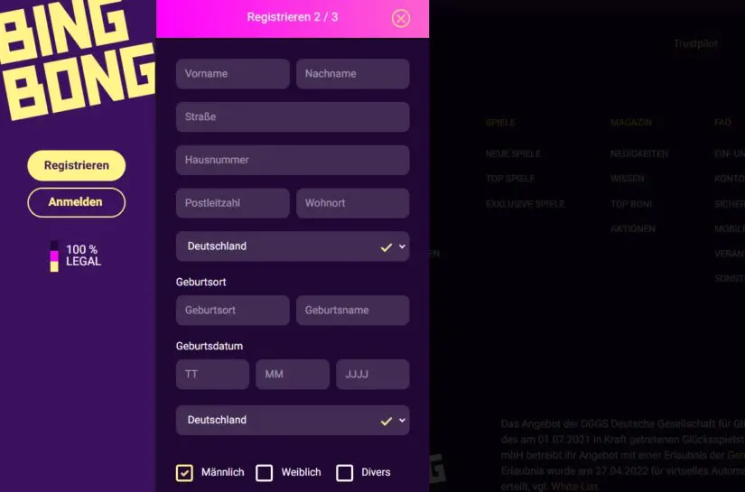 BingBong Registrierung
