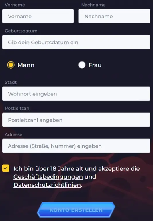 Name, Geburtsdatum und Adresse eingeben und bestätigen, dass Sie über 18 Jahre alt sind