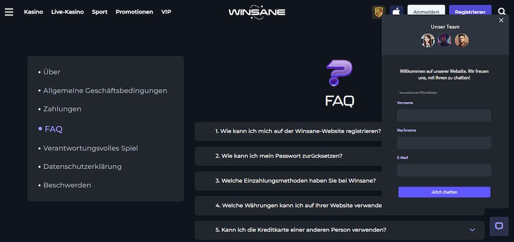 Winsane Casino - Kundenservice