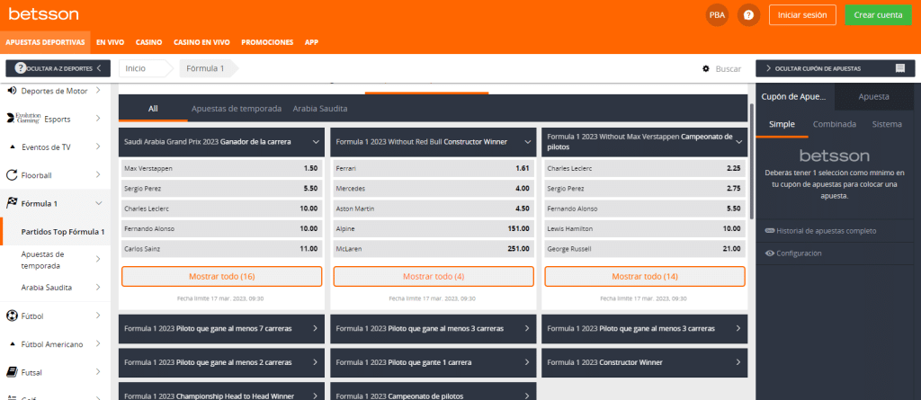 Apuestas Fórmula 1 Betsson