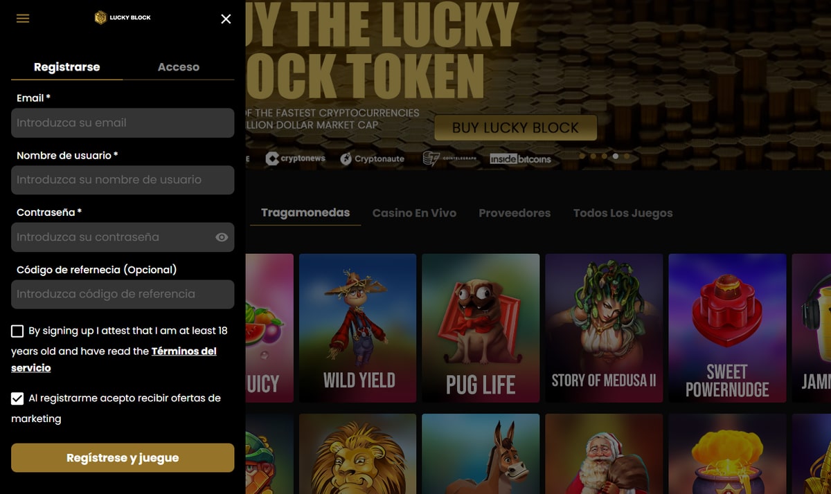 vista del registro en Lucky block tragamonedas online