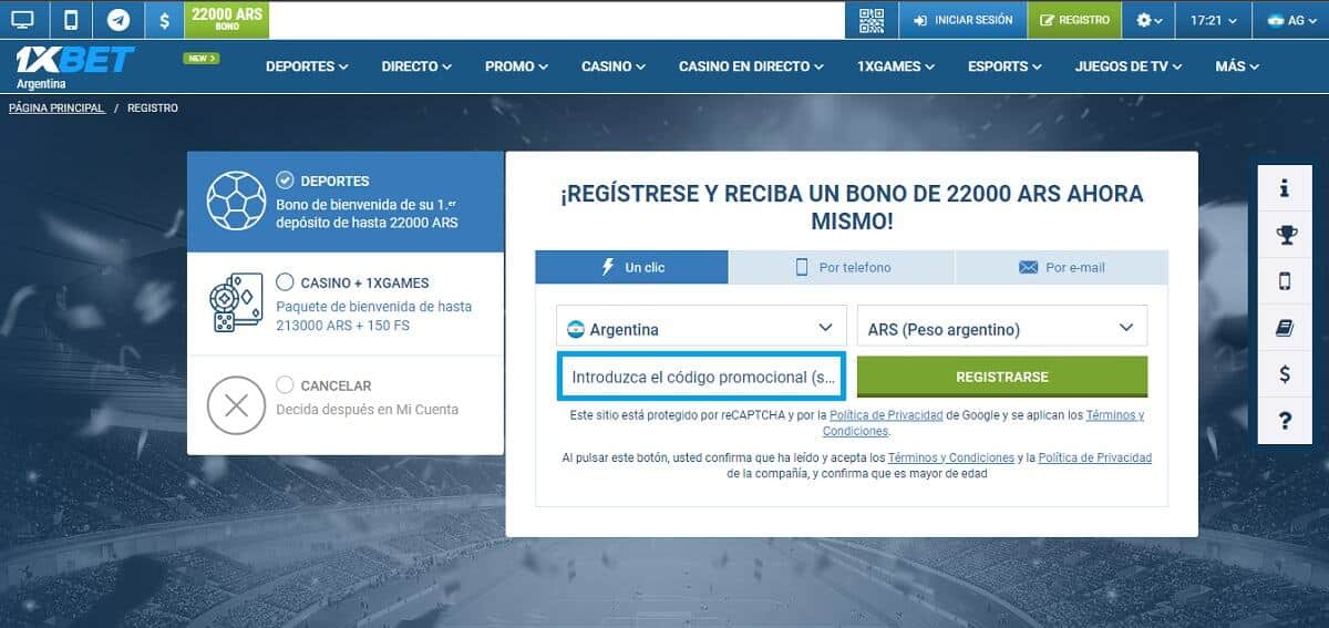 Introduce el código promocional 1xbet