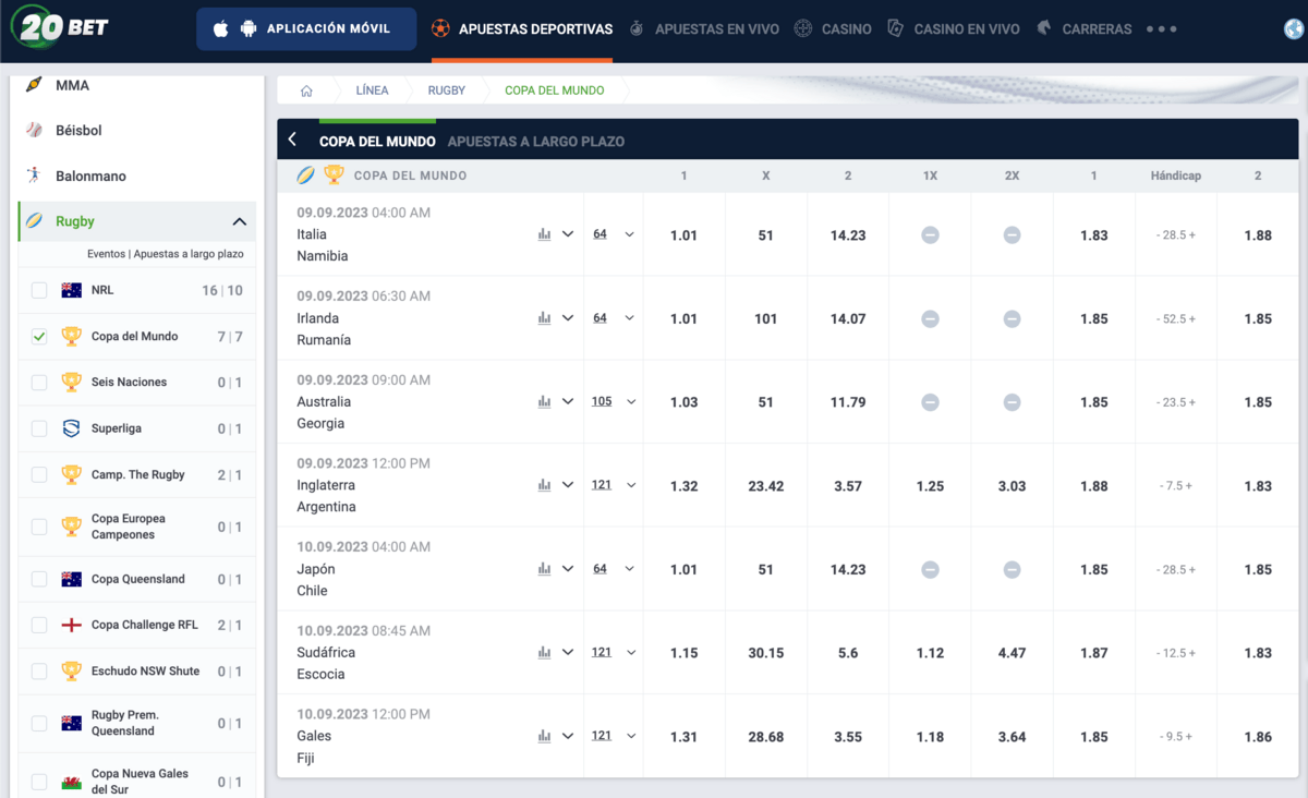 Apuesta al Mundial de Rugby 2023 en 20bet