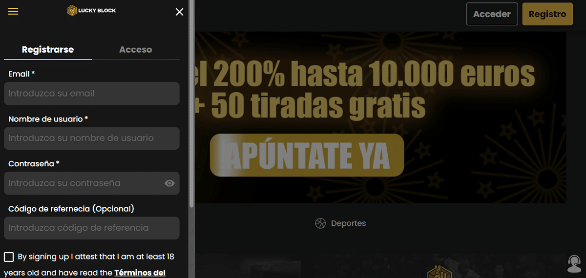 Regístrate en Lucky Block Casino