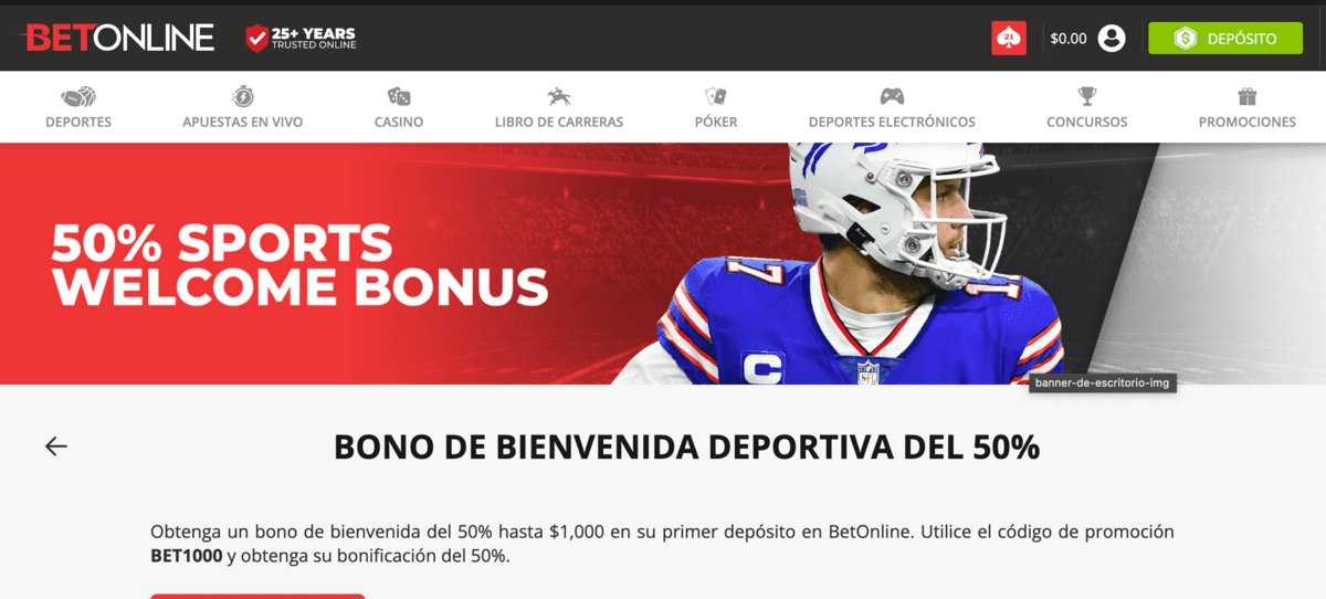 El promo code Betonline para deportes bono de bienvenida