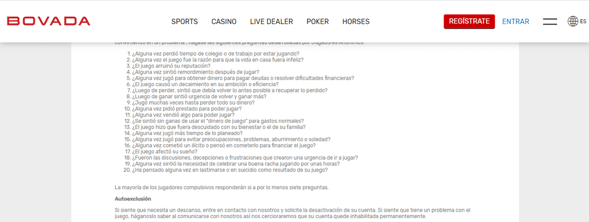 autoexclusion juego responsable bovada