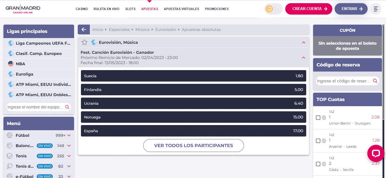 Apuestas Eurovisión Gran Casino Madrid