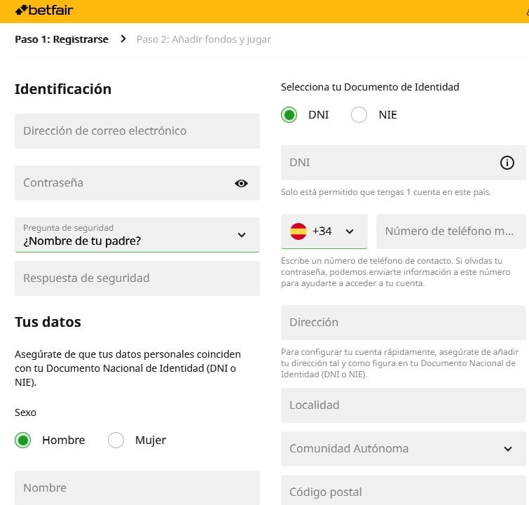 Código promocional Betfair paso 2