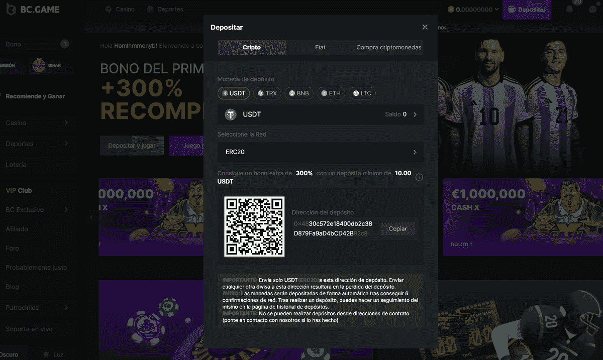 BC. Game depósito y retiro con USDT tether casino