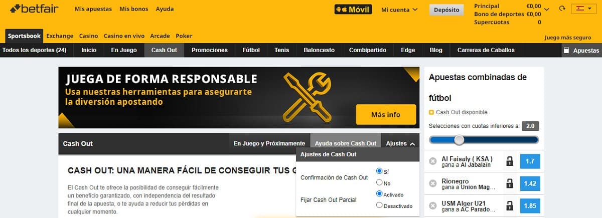 Cash out de la página Betfair