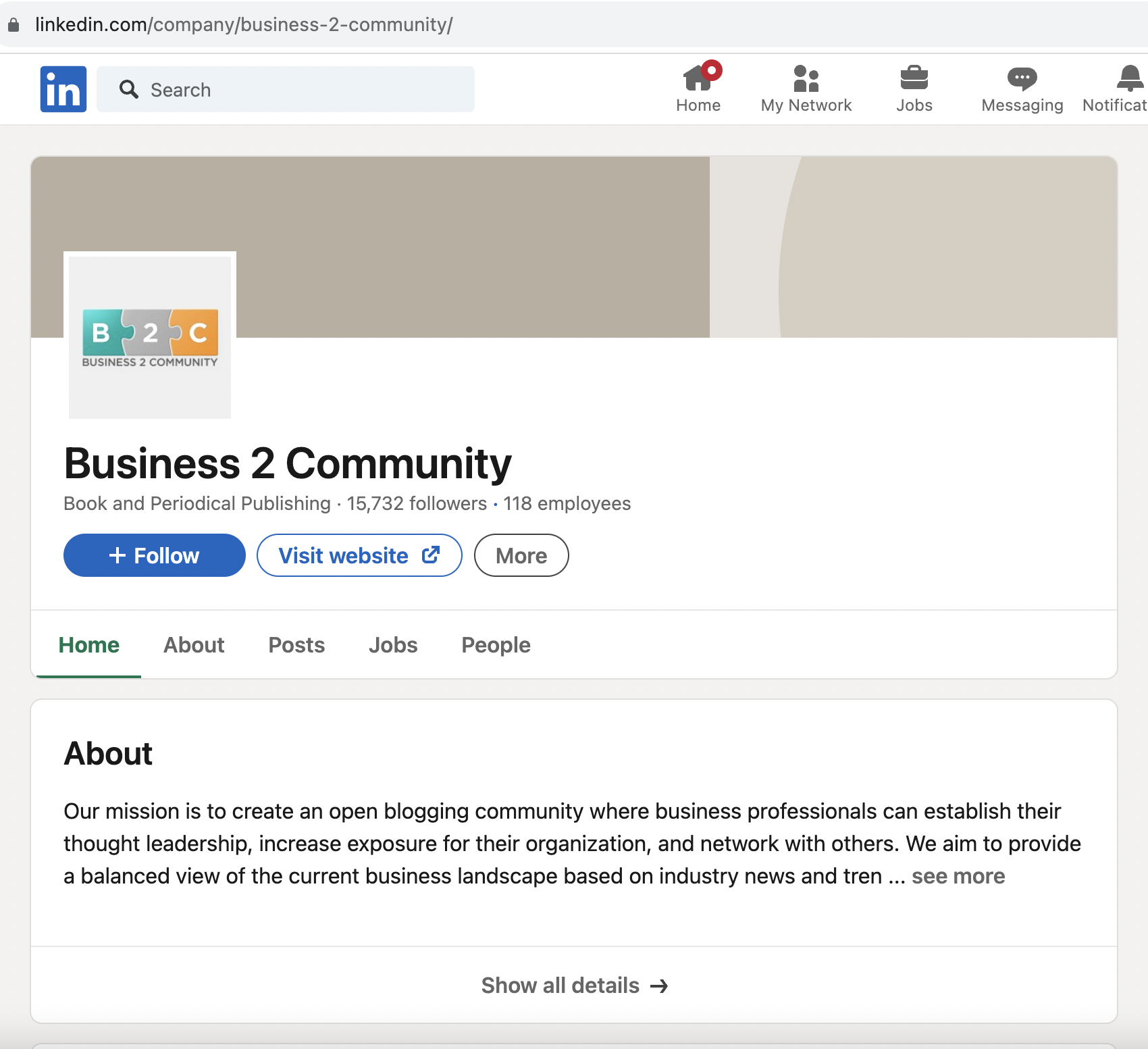 Linkedin-yrityssivun esimerkki, Business 2 community