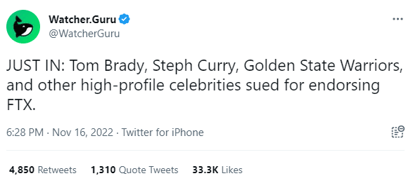 FTX - Tweet watcher.guru sur Steph Curry