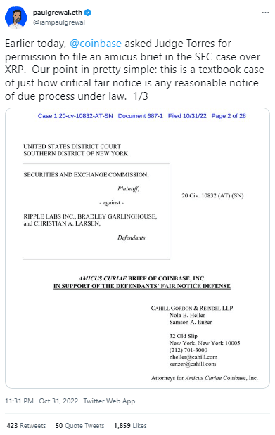 Paul Grewal tweet amicus - Ripple Coinbase