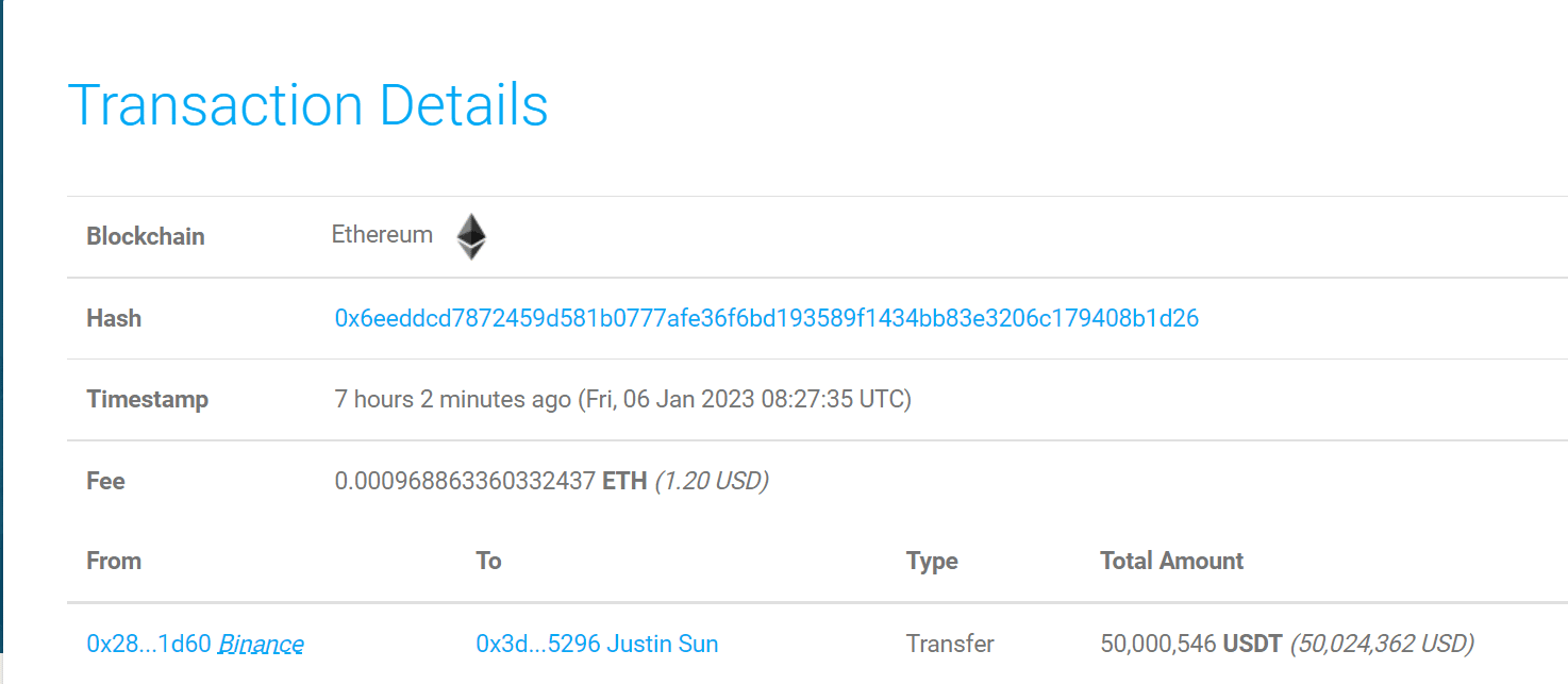 Transaction détails binance justin sun 