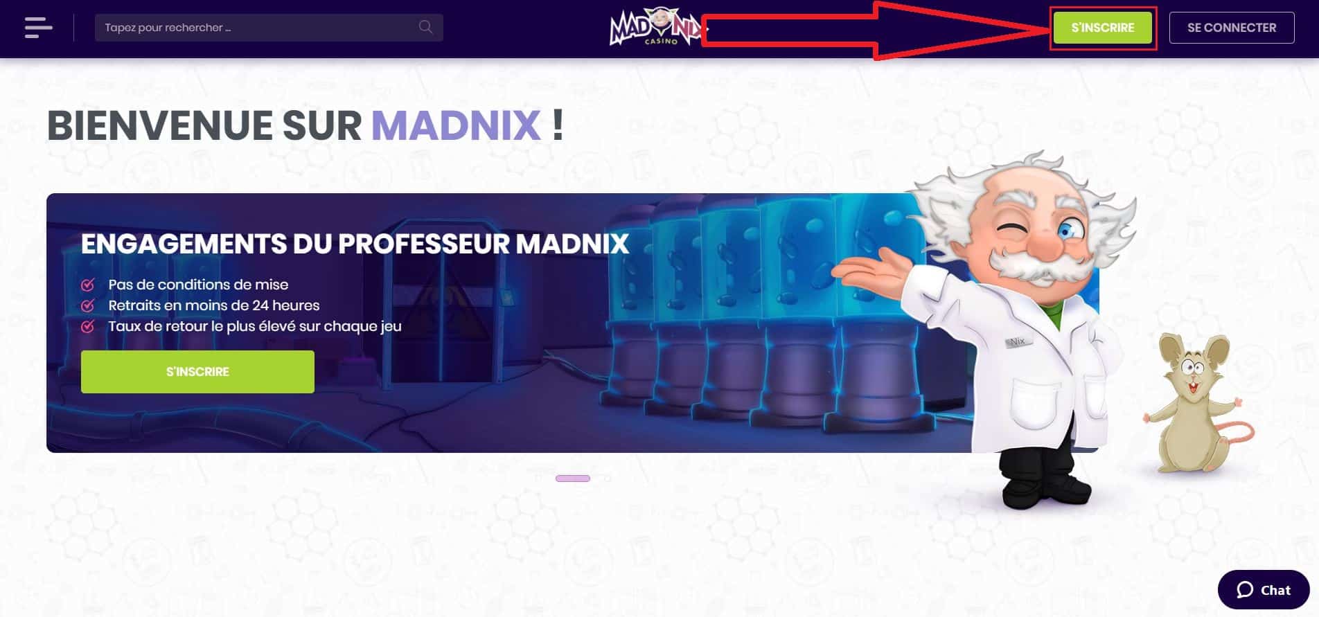 1. Se rendre sur le site, cliquer sur s'inscrire - comment s'inscrire et jouer sur Madnix casino