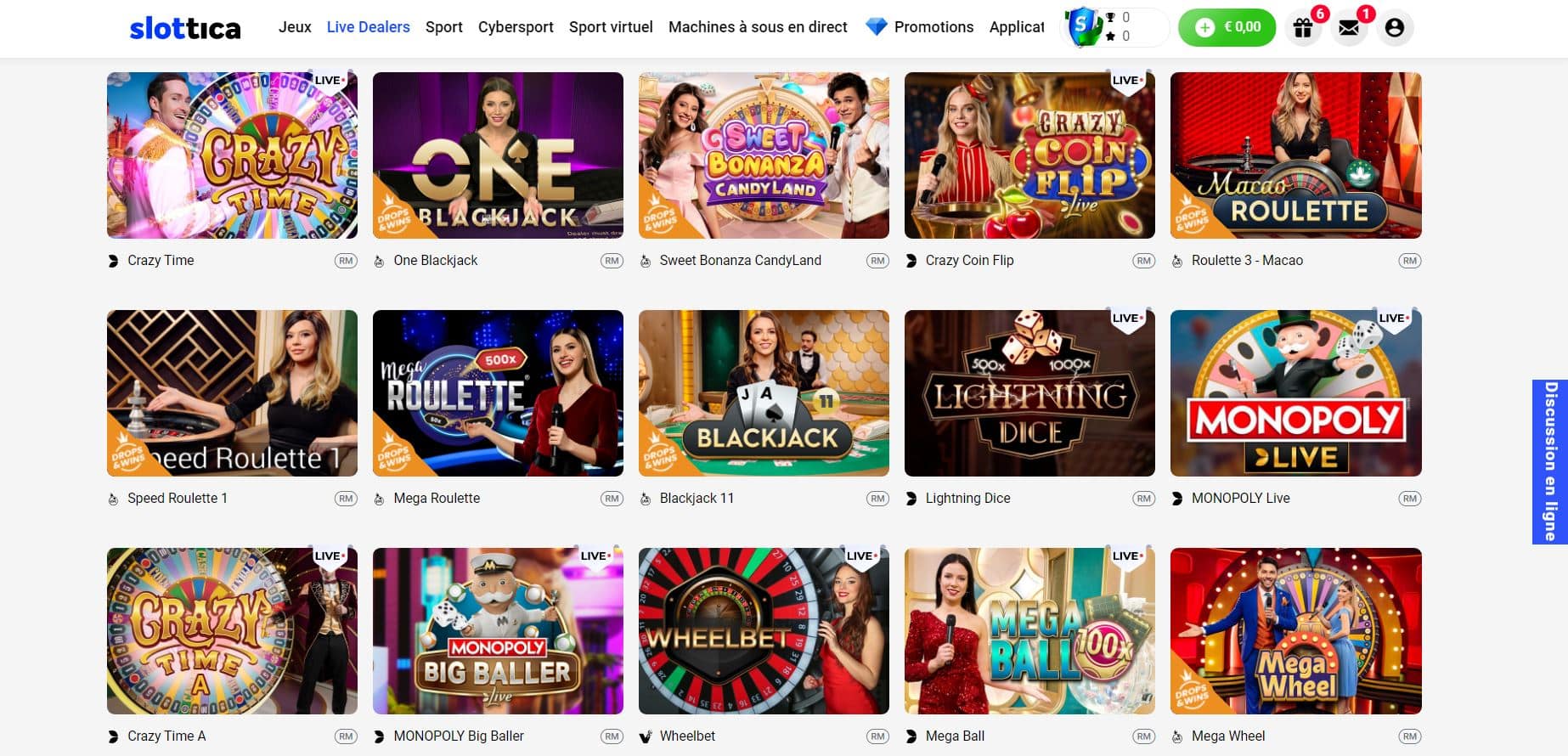 Jeux de live casino sur Slottica - Slottica casino avis