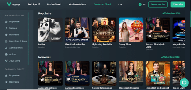 Avis Vave casino : Live casino