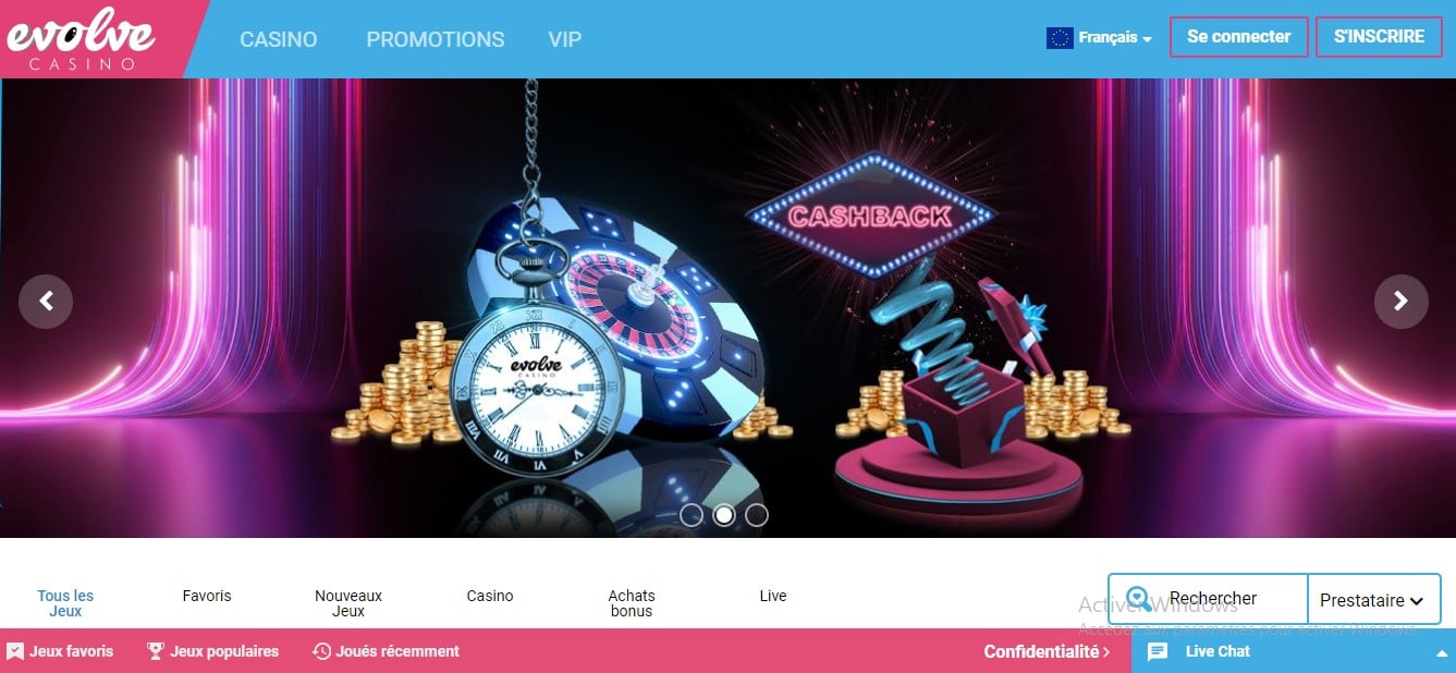 interface du Casino Evolve