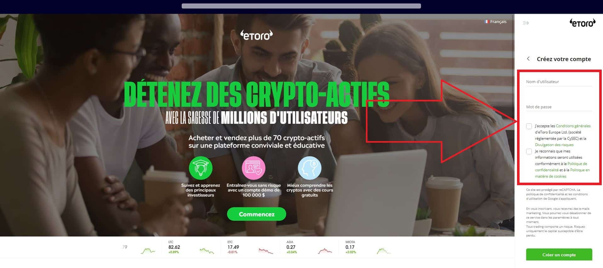 1.3. Renseigner le nom d'utilisateur et le mot de passe - Acheter Argentina FC Token sur eToro