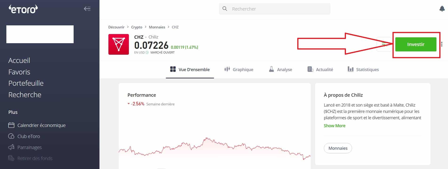 3. Cliquer sur Investir - Acheter PSG Token sur eToro