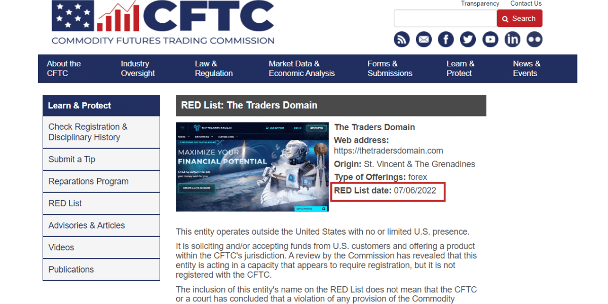 La CFTC ouvre une enquête sur Traders Domain