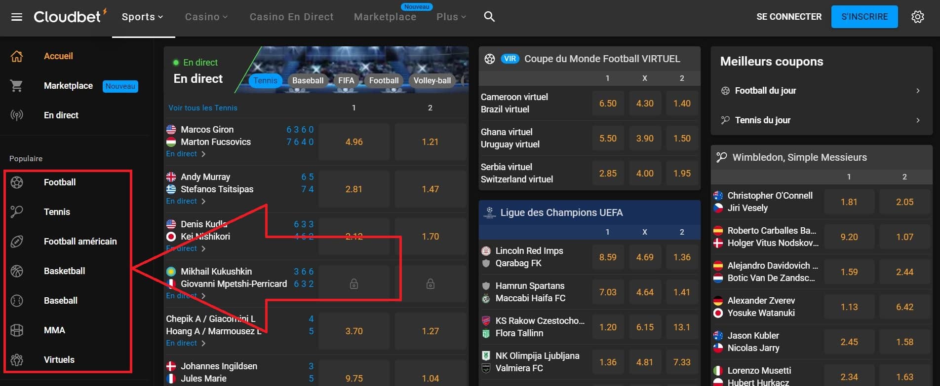 Choisir un sport - Cloudbet avis