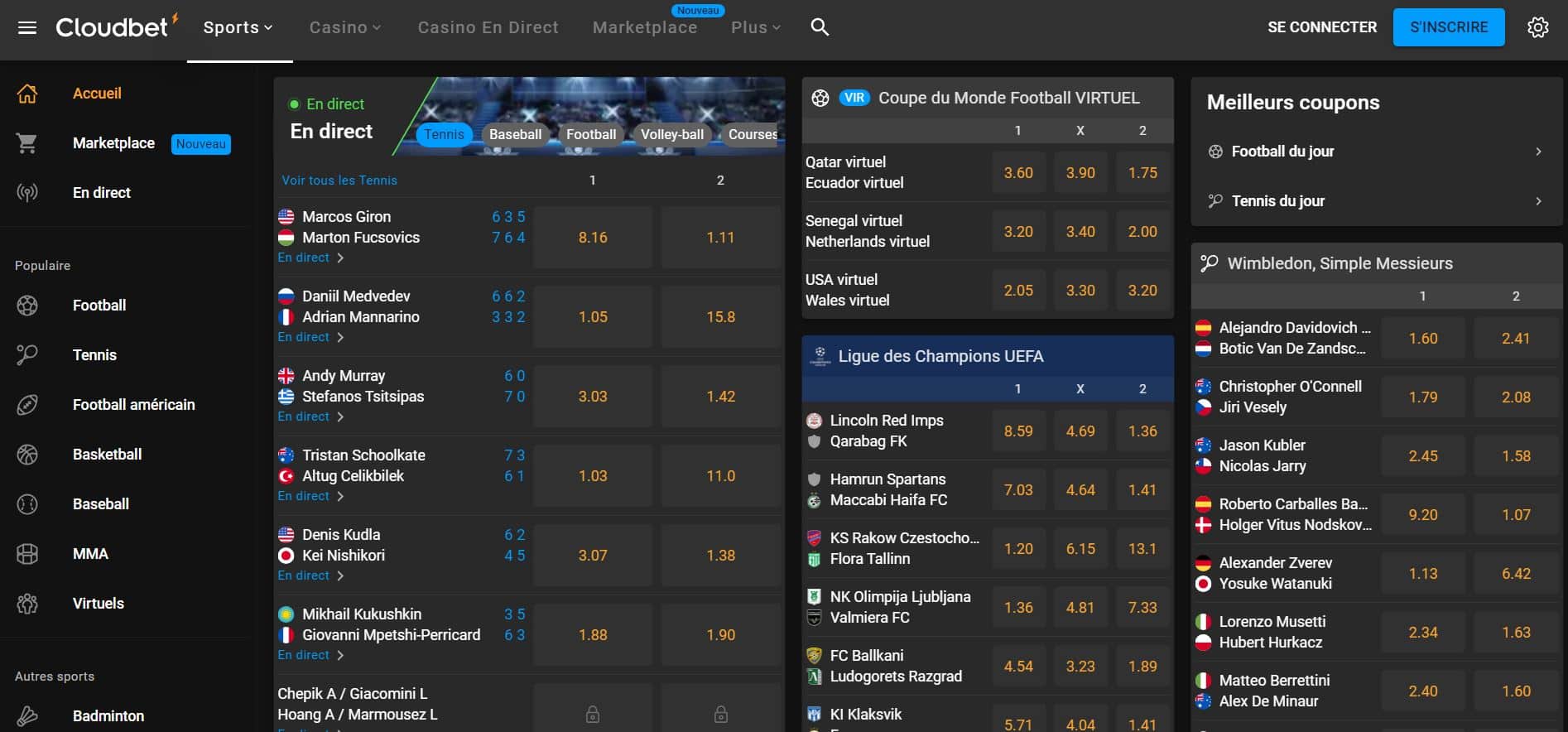 Interface sportsbook - Cloudbet Avis