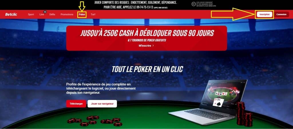 1. Accéder au site de Betclic et cliquer sur Inscription - Casino Pay N Play