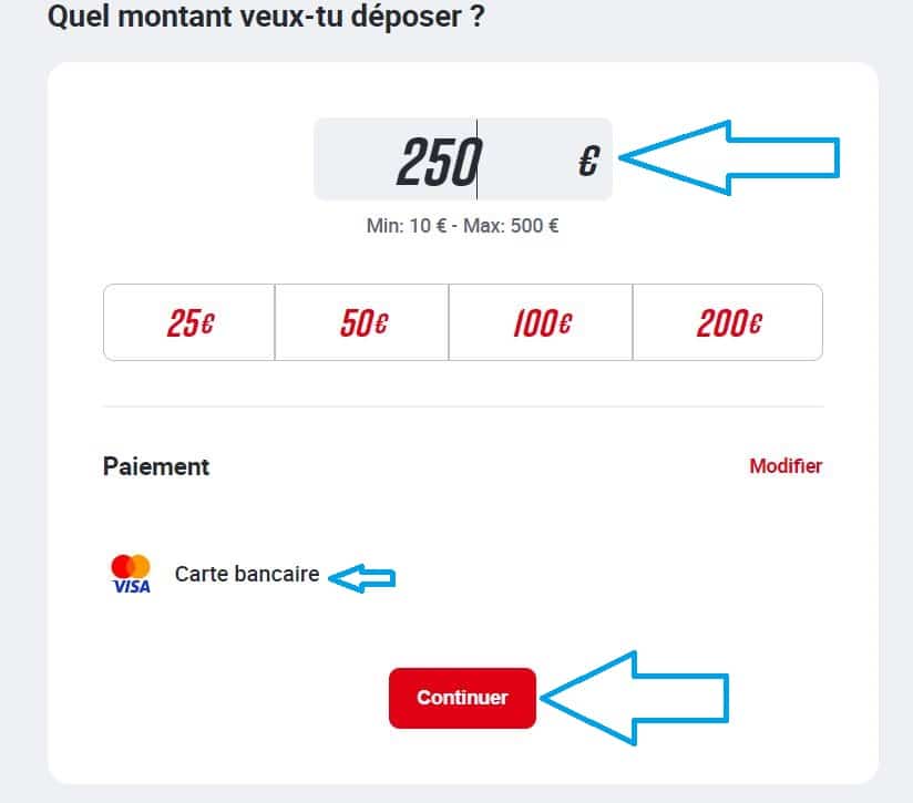 4.1. Cliquer sur continuer - Effectuer un dépôt sur le casino Pay N Play Betclic