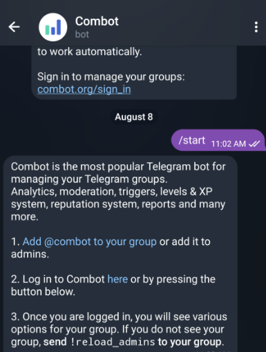 Meilleurs bots Telegram : Combot