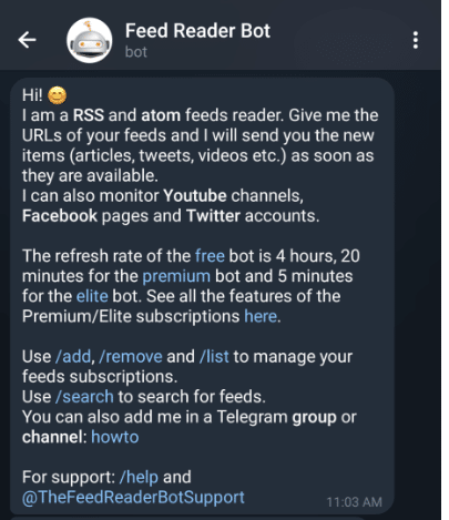 Meilleurs bots Telegram : Feed Reader bot