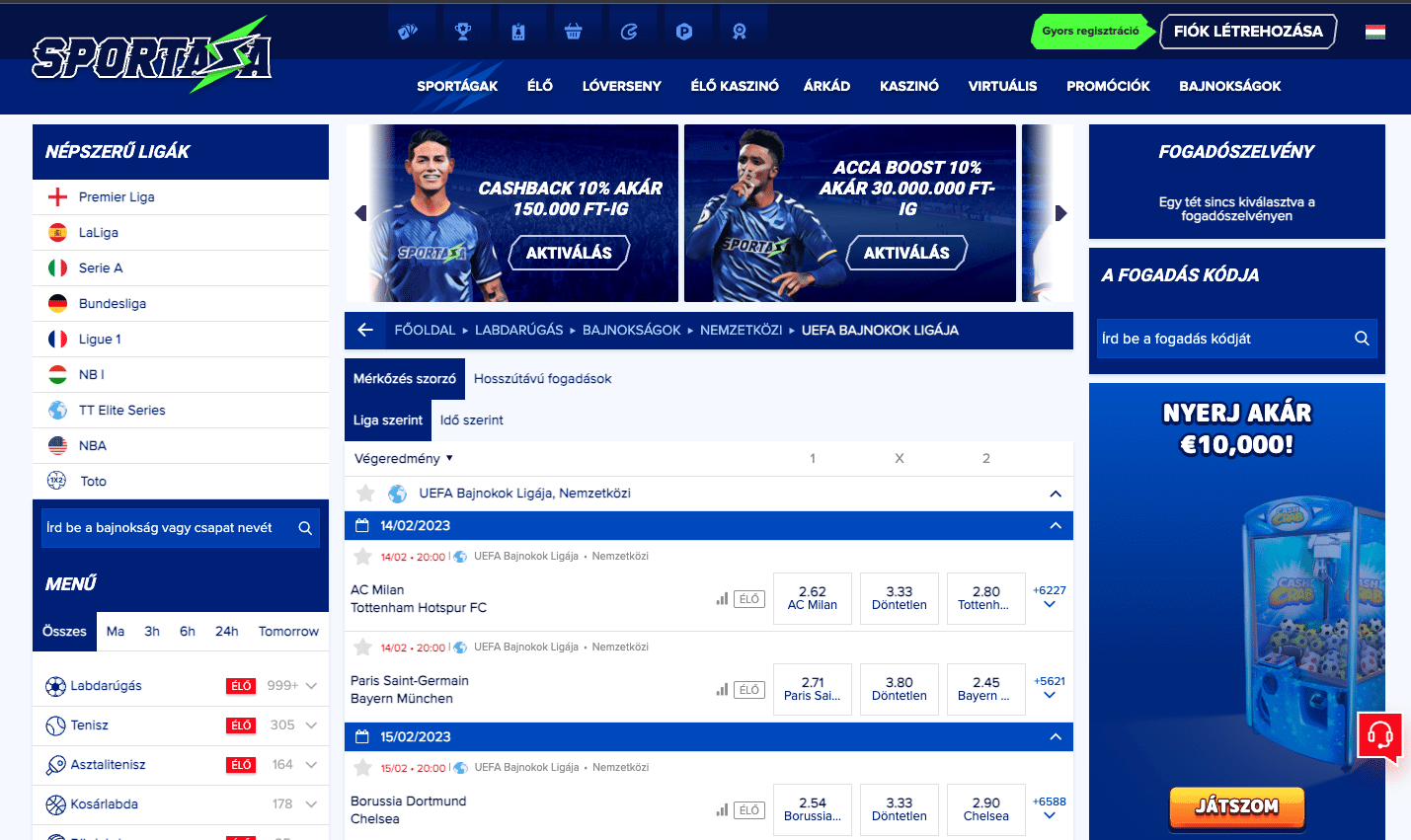 sportaza uefa bajnokok ligaja fogadasok