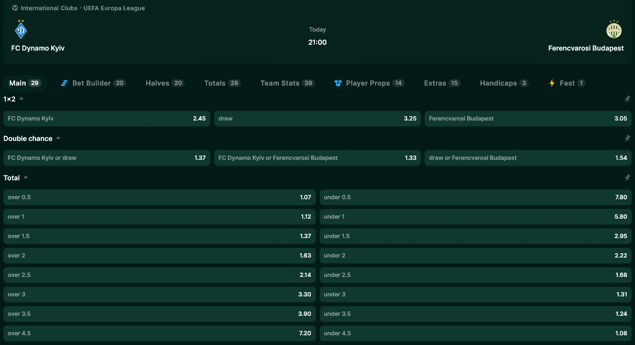 TG Casino - Dinamo Kijev - Ferencváros - Európa-liga 2024