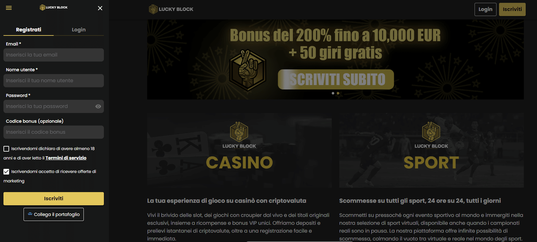 casino VIP - registrazione Lucky Block