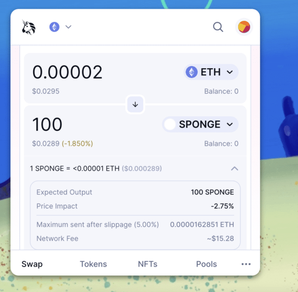 SpongeBobトークン公式ウェブサイトのUniswap画面。$SPONGEとETHのスワップ例